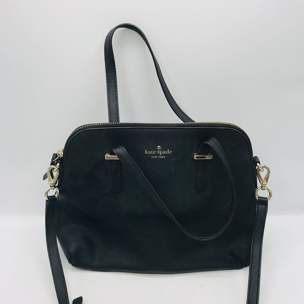 Kate Spade Sadie Dome Satchel Black Leather Crossbody Handbag Gold Accents Med.